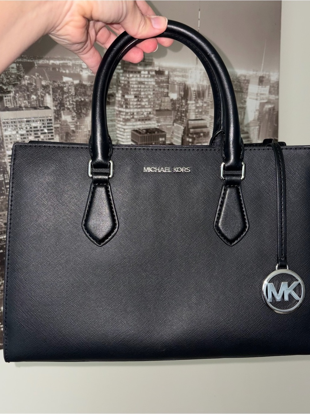 Michael Kors Black Saffiano Sheila Satchel with MK Charm